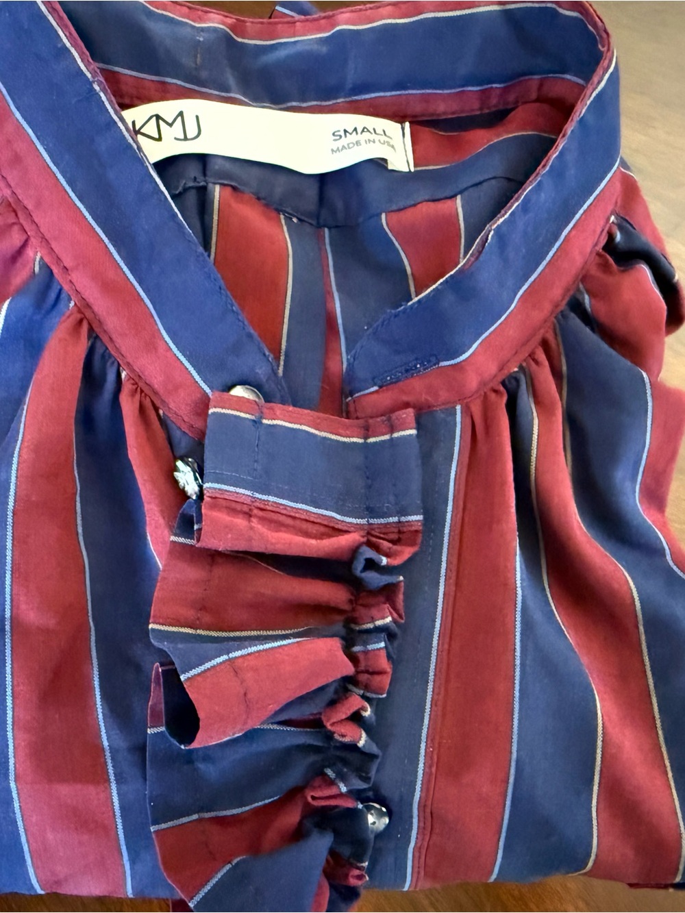 KMJ Kate McHale Jensen Striped Button-Up Top in Navy & Burgundy office work smal
